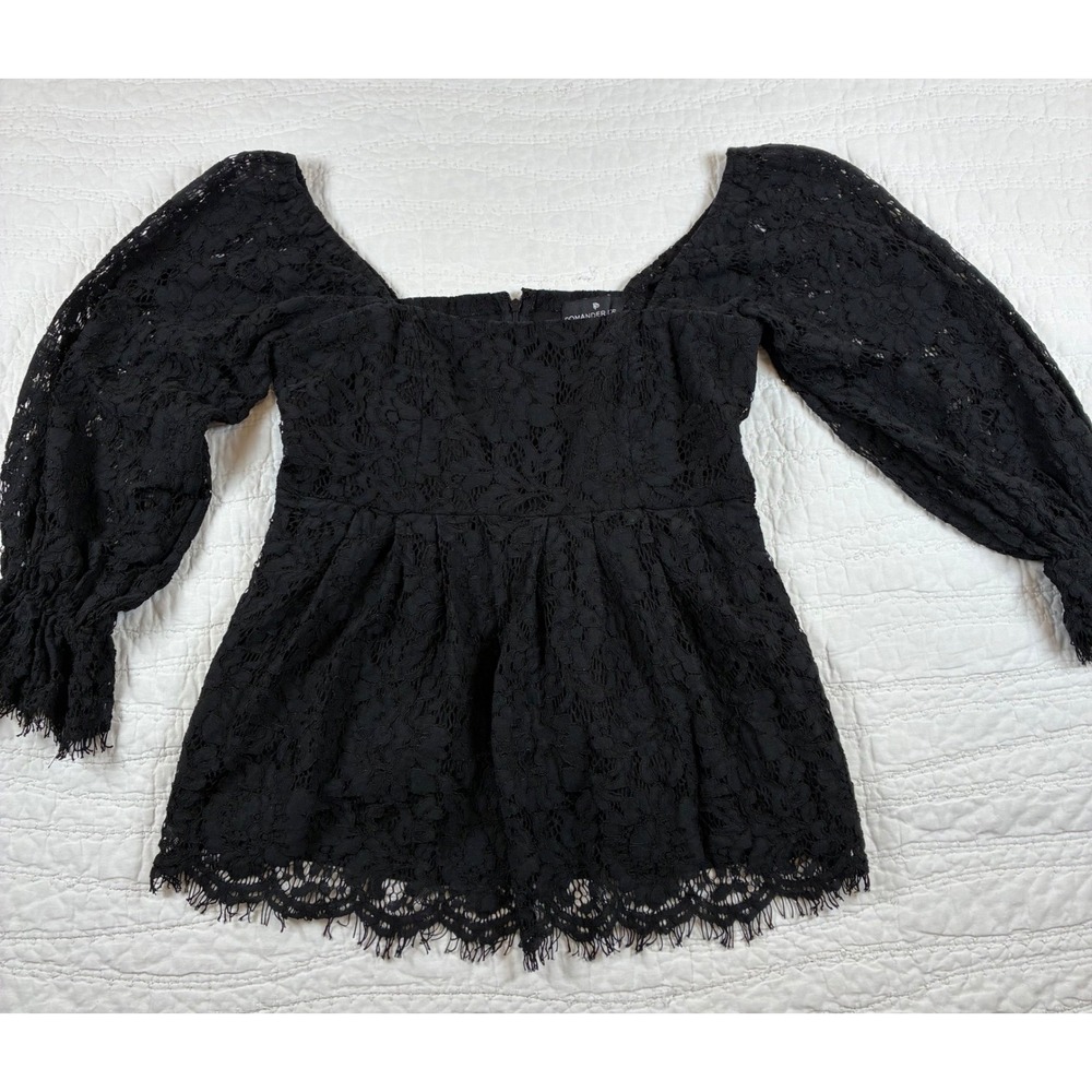 Tuckernuck Pomander Place Black Lace Square Neck Peplum Blouse S Babydoll Whimsi